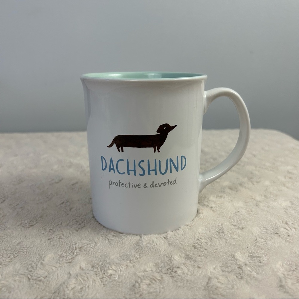 Fringe Dachshund Puppy Dog Coffee Mug Cup Protective & Devoted White Brown